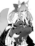  animal_ears bangs bare_shoulders breasts cleavage commentary detached_sleeves eyebrows_visible_through_hair fate/grand_order fate_(series) fox_ears fox_tail greyscale hands_on_own_cheeks hands_on_own_chin hands_on_own_face heart japanese_clothes large_breasts long_hair looking_at_viewer monochrome nanigashi_(xla009) pantyhose platform_footwear seiza sitting smile squatting tail tamamo_(fate)_(all) tamamo_no_mae_(fate) wide_sleeves 