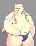  2018 anthro belly black_nose bulge clothed clothing eyewear fundoshi fur glasses humanoid_hands japanese_clothing male mammal moobs nipples one_eye_closed open_shirt overweight overweight_male polar_bear ralefov rave_(tas) shirt simple_background smoking solo tokyo_afterschool_summoners underwear ursine white_fur wink 