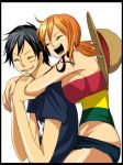  1boy 1girl black_eyes black_hair blush couple duo female hat lunami male monkey_d_luffy nami_(one_piece) one_piece one_piece:_strong_world orange_hair pirate short_hair smile straw_hat_pirates tattoo 