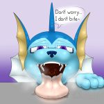  2018 cake canine darkwufflez dialogue digital_media_(artwork) eeveelution english_text eyewear feral first_person_view food glasses hi_res looking_at_viewer male mammal nintendo open_mouth pok&eacute;mon pok&eacute;mon_(species) saliva soft_vore solo speech_bubble teeth text throat tongue tongue_out uvula vaporeon video_games vore 