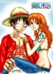  1boy 1girl black_eyes black_hair blush couple duo female hat lunami male monkey_d_luffy nami_(one_piece) one_piece orange_hair pirate short_hair smile straw_hat_pirates tattoo 