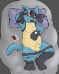  balls blush candy chocolate erection food foreskin humanoid_penis knox_(artist) lucario lying male nintendo on_back partially_retracted_foreskin penis pok&eacute;mon pok&eacute;mon_(species) precum red_eyes slightly_chubby solo uncut video_games 