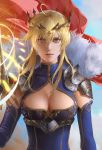  ahoge armor artoria_pendragon_(all) artoria_pendragon_(lancer) blonde_hair blue_eyes blue_gloves breasts cape cleavage commentary_request crown elbow_gloves fate/grand_order fate_(series) fur_trim gloves glowing glowing_weapon highres lance looking_at_viewer polearm realistic red_cape renyu1012 serious shoulder_armor solo upper_body weapon 