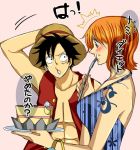  1boy 1girl black_eyes black_hair blush couple duo female hat lunami male monkey_d_luffy nami_(one_piece) one_piece orange_hair pirate short_hair smile straw_hat_pirates tattoo 