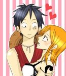  1boy 1girl black_eyes black_hair blush couple duo female hat lunami male monkey_d_luffy nami_(one_piece) one_piece orange_hair pirate short_hair smile straw_hat_pirates tattoo 