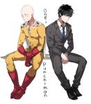  bald black_hair blue_neckwear bodysuit boots business_suit cape commentary copyright_name dual_persona formal gloves kina58 long_sleeves multiple_boys necktie one-punch_man pants red_footwear red_gloves saitama_(one-punch_man) side-by-side sitting suit white_background white_cape yellow_bodysuit 