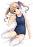  bare_arms bare_shoulders bed bed_sheet black_bow blue_eyes blue_hair blue_swimsuit blush bow brown_hair commentary_request from_above hair_bow highres knees_up looking_at_viewer looking_up lying old_school_swimsuit on_back on_bed one-piece_swimsuit original school_swimsuit shibacha solo swimsuit thighhighs twintails white_legwear 