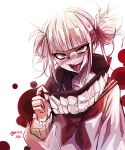  :p blonde_hair bloom boku_no_hero_academia brown_eyes collar_tug commentary_request diddms1999 fangs high_collar highres korean_commentary long_sleeves looking_at_viewer neckerchief open_mouth red_neckwear sailor_collar short_hair smile solo toga_himiko tongue tongue_out white_background 