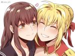  ahoge bangs blonde_hair blush braid brown_eyes brown_hair cheek-to-cheek closed_eyes color-les commentary english_commentary fate/extra fate_(series) grin hair_ribbon heart kishinami_hakuno_(female) long_hair looking_at_another multiple_girls nero_claudius_(fate) nero_claudius_(fate)_(all) portrait red_ribbon ribbon smile twitter_username white_background yuri 