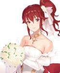 alternate_costume anna_(fire_emblem) blush dress fire_emblem fire_emblem_heroes gloves ichikei light_smile long_hair looking_at_viewer ponytail red_eyes red_hair simple_background smile solo wedding_dress 