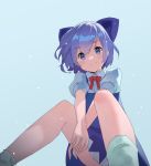  blue_bow blue_dress blue_eyes blue_hair bow bowtie cirno dress foreshortening hair_bow hands_together legs_apart pikumin short_hair sitting smile solo touhou 