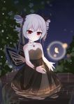  :o absurdres bangs benghuai_xueyuan black_dress black_ribbon bronya_zaychik bug butterfly butterfly_wings collarbone dress drill_hair eyebrows_visible_through_hair fufumi hair_ribbon highres honkai_impact insect jewelry long_hair looking_at_viewer necklace night outdoors red_eyes ribbon silver_hair solo star star_necklace strapless strapless_dress twin_drills wading water wings wrist_ribbon 