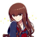  black_serafuku breasts brown_eyes brown_hair chan_co cleavage closed_mouth eyebrows_visible_through_hair fate/extra fate/extra_ccc fate_(series) kishinami_hakuno_(female) long_hair looking_at_viewer school_uniform serafuku simple_background smile solo tsukumihara_academy_uniform_(fate/extra_ccc) upper_body white_background 