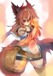  absurdres animal_ears belt breasts commentary_request duel_monster fingerless_gloves gloves highres hiita jacket looking_at_viewer navel red_eyes red_hair short_hair skirt smile solo tail thighhighs wide_sleeves yaibaken yuu-gi-ou 