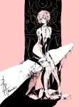  ayanami_rei bandaged_head bandages bodysuit character_name closed_mouth commentary crack eva_00 facing_viewer hands_on_lap monochrome neon_genesis_evangelion rock short_hair sitting sketch tonebird 