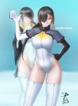  black_hair blank_eyes blurry blurry_background breasts brown_eyes commentary dated emperor_penguin_(kemono_friends) hair_over_one_eye hand_on_hip hand_up headphones highleg highleg_leotard kemono_friends king_penguin_(kemono_friends) large_breasts leotard long_hair looking_at_viewer multicolored_hair multiple_girls orange_hair pandacron smile thighhighs two-tone_hair white_leotard 