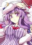  aki_chimaki book breasts commentary_request crescent crescent_hair_ornament dress hair_ornament hat highres large_breasts long_hair mob_cap patchouli_knowledge purple_eyes purple_hair red_ribbon ribbon solo striped striped_dress touhou very_long_hair 
