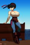  1girl avatar:_the_last_airbender black_hair black_lipstick blind breasts cleavage high_heel_boots huge_breasts lipstick makeup morganagod patreon pirate solo toph_bei_fong 