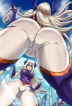  ass ass_focus blonde_hair bodysuit boku_no_hero_academia breasts bryan_lobdell building cloud day domino_mask giantess horns large_breasts long_hair mask mirror mount_lady purple_eyes reflection skin_tight sky superhero 