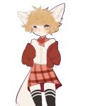  2018 blonde_hair blush bow canine clothed clothing corgi crossdressing dog fluffy_ears fredek666 girly hair legwear looking_at_viewer male mammal plaid simple_background skirt solo stockings sweater uniform white_background 