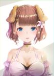  animal_ears artist_name bangs bare_shoulders blue_eyes blush breasts brown_hair choker collarbone commentary_request detached_sleeves dog_ears earrings ears_down extra_ears eyebrows_visible_through_hair eyelashes flower hair_flower hair_ornament hairclip halterneck highres hyouta_(yoneya) jewelry lips looking_at_viewer medium_breasts original parted_lips short_hair signature single_earring solo teeth two-tone_background upper_body 