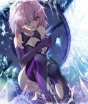  baisi_shaonian between_legs black_gloves black_legwear black_leotard blood blood_on_face breasts cleavage elbow_gloves fate/grand_order fate_(series) gloves hand_between_legs highres leotard long_hair mash_kyrielight one_eye_closed open_mouth pink_hair pixiv_fate/grand_order_contest_2 purple_eyes shattered shield sitting small_breasts solo thighhighs torn_clothes torn_legwear 