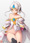  ass ass_visible_through_thighs bare_shoulders black_legwear blush braid breasts chinese_commentary choker code:_empress_(elsword) collarbone commentary_request cowboy_shot dress dress_lift dress_pull elsword eve_(elsword) eyebrows_visible_through_hair facial_mark forehead_jewel french_braid lifted_by_self long_hair looking_at_viewer nipples no_bra no_panties parted_lips patreon_username puffy_sleeves pussy revision simple_background small_breasts smile solo standing strapless strapless_dress thigh_gap thighhighs waero white_dress white_hair white_sleeves yellow_choker yellow_eyes 