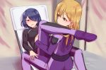  biker_clothes bikesuit black_shirt blonde_hair blush chair eyebrows_visible_through_hair hair_over_one_eye kawazu_kento long_sleeves lounge_chair multiple_girls murata_izumi purple_bikesuit purple_hair shirt short_hair suzuki_nagisa twocar yellow_eyes yuri 