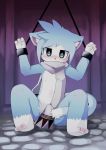  alexnamekawa anthro bdsm blue_fur bottomless bulge cat clothed clothing convenient_censorship cub feline fur male mammal mostly_nude nipples scarf solo topless white_fur young 