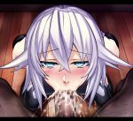  1boy 1girl black_heart blush censored choujigen_game_neptune cum cum_in_mouth ejaculation fellatio female interracial kneeling large_penis looking_at_viewer male neptune_(series) noire nyamota_(noraneko_koubou) oral penis short_hair white_hair 