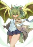  absurdres animal_ears blush breasts duel_monster fingerless_gloves gloves green_eyes green_hair hair_ornament highres jacket long_hair looking_at_viewer medium_breasts open_mouth pleated_skirt ponytail ribbon skirt smile solo tail wide_sleeves wings wynn yaibaken yuu-gi-ou 
