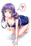  :p \||/ aqua_eyes arm_support ass barefoot blue_swimsuit breasts collar_tug collarbone commentary_request heart highres kneeling light_blush long_hair looking_at_viewer love_live! love_live!_school_idol_project medium_breasts one-piece_swimsuit pink_scrunchie purple_hair school_swimsuit scrunchie solo spoken_heart swimsuit tongue tongue_out toujou_nozomi twintails white_background yopparai_oni 