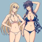  aqua_background beatrix_bremer bikini black_hair blonde_hair blue_bikini blue_bikini_bottom blue_bikini_top blue_eyes breasts cleavage commentary_request cowboy_shot cross crucifix hairband harasyu1 highres irisdina_bernhard jewelry large_breasts long_hair multiple_girls muvluv necklace red_eyes schwarzesmarken smile swimsuit very_long_hair yellow_bikini yellow_bikini_bottom yellow_bikini_top 