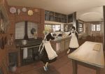  apron black_hair blonde_hair cutting_board flipping_food food frying_pan highres indoors kitchen maid maid_apron monono_fumeme multiple_girls original pancake plate pot slippers spatula stove table twintails 