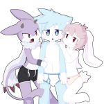  alexnamekawa anthro blue_eyes blush briefs bulge clothed clothing crossdressing cub feline fur group lagomorph male mammal navel panties pink_fur rabbit red_eyes topless underwear white_fur young 