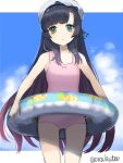  alternate_costume black_hair blue_sky casual_one-piece_swimsuit cloud cowboy_shot day gradient_hair green_eyes hat highres innertube kantai_collection long_hair matsuwa_(kantai_collection) multicolored_hair one-piece_swimsuit pink_swimsuit purple_hair sailor_hat sky solo standing swimsuit twitter_username two-tone_background white_hat yamashiki_(orca_buteo) 