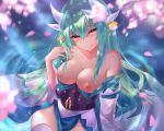  black_fire breasts cherry_blossoms cleavage cropped fate/grand_order fate_(series) green_hair japanese_clothes kiyohime_(fate/grand_order) long_hair nipples no_bra nopan orange_eyes petals thighhighs 