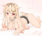  ass bed black_bra black_panties blonde_hair blush bra breasts commentary_request dog_tail eyebrows_visible_through_hair fangs hair_ornament hairclip highres jewelry kantai_collection kemonomimi_mode large_breasts long_hair looking_at_viewer lying nipples okiraku_nikku on_stomach open_mouth panties red_eyes remodel_(kantai_collection) ring solo string_bra string_panties tail underwear wedding_band yuudachi_(kantai_collection) 