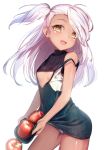  :d apple bangs bare_arms bare_shoulders black_dress breasts brown_eyes chloe_von_einzbern commentary contrapposto crop_top dark_skin dress fate/kaleid_liner_prisma_illya fate_(series) food fruit long_hair looking_at_viewer off_shoulder one_side_up open_mouth panties red_apple revision silver_hair simple_background skirt_basket small_breasts smile solo standing strap_slip underwear very_long_hair white_background white_panties yan_(nicknikg) 