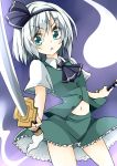  aki_chimaki ascot black_hairband bob_cut collared_shirt commentary_request green_eyes green_skirt green_vest hair_ribbon hairband highres hitodama katana konpaku_youmu konpaku_youmu_(ghost) navel ribbon shirt short_hair short_sleeves silver_hair skirt skirt_set sword touhou vest weapon white_hair 