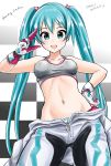  absurdres aqua_eyes aqua_hair biker_clothes bikesuit checkered checkered_background commentary cowboy_shot dated flick_(sal23) gloves goodsmile_racing grey_sports_bra hand_on_hip hatsune_miku highres long_hair looking_at_viewer navel open_mouth panties racing_miku racing_miku_(2013) salute solo sports_bra stomach striped striped_panties twintails underwear unzipped very_long_hair vocaloid 