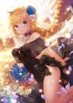  apple_caramel black_dress blonde_hair blue_eyes blurry bouquet braid breasts choker cleavage commentary_request depth_of_field dress dutch_angle eyebrows_visible_through_hair fate/grand_order fate_(series) flower hair_between_eyes hair_flower hair_ornament heroic_spirit_formal_dress highres indoors jeanne_d'arc_(fate)_(all) jewelry large_breasts long_hair looking_at_viewer necklace petals pixiv_fate/grand_order_contest_2 side_slit sideboob single_braid smile solo sparkle very_long_hair 