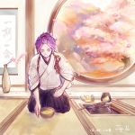  bowl cherry_blossoms closed_eyes hakama hanging_scroll japanese_clothes kasen_kanesada ladle male_focus petals purple_hair scroll seiza sitting siya_ho smile solo tea_ceremony touken_ranbu vase 