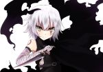  bandaged_arm bandaged_hands bandages bare_shoulders black_cape cape commentary enelis fate/apocrypha fate_(series) green_eyes holding holding_knife holding_weapon jack_the_ripper_(fate/apocrypha) knife looking_at_viewer short_hair solo torn_cape weapon white_background white_hair 