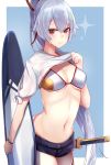  absurdres bikini bow breasts cleavage collarbone commentary_request denim denim_shorts fate/grand_order fate_(series) hair_between_eyes highres holding_surfboard legs nanakaku navel ponytail red_bow red_eyes see-through sheath sheathed shirt shirt_lift short_shorts shorts silver_hair simple_background smile stomach surfboard swimsuit sword tomoe_gozen_(fate/grand_order) underboob weapon white_bikini white_shirt 