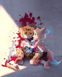  amputation anthro bean_koma blood canine clothed clothing crying cub duo feline gore hindpaw impalement male mammal melee_weapon paws sword tears tiger topless weapon young 