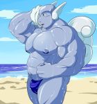  2018 abs beach blue_skin clothing geng genjipan green_eyes male muscular navel nintendo nipples pecs pok&eacute;mon pok&eacute;mon_(species) reptile scalie seaside solo sweat thong underwear video_games wartortle water 