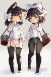  animal_ears artist_name atago_(azur_lane) azur_lane bangs black_hair black_legwear blush bow child chinese_commentary commentary_request double-breasted extra_ears eyebrows_visible_through_hair finger_to_mouth formal frown full_body garter_straps gloves hair_bow hair_flaps holding_hands jacket long_sleeves military military_uniform miniskirt mole mole_under_eye multiple_girls panties panties_under_pantyhose pantyhose pointing ponytail short_hair skirt skirt_suit standing suit swept_bangs takao_(azur_lane) thighhighs triangle_mouth underwear uniform wardrobe_malfunction white_bow white_footwear white_gloves white_jacket white_panties white_skirt wumumu younger 