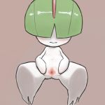  2016 blush censored female green_hair grey_background hair hi_res humanoid mammal nintendo not_furry pok&eacute;mon pok&eacute;mon_(species) presenting pussy ralts simple_background solo spread_pussy spreading video_games youjomodoki 