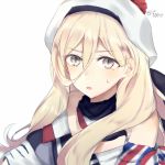  beret blonde_hair eyebrows_visible_through_hair folte grey_eyes hair_between_eyes hat kantai_collection long_hair looking_at_viewer lowres mole mole_under_eye multicolored multicolored_clothes multicolored_scarf open_mouth pom_pom_(clothes) richelieu_(kantai_collection) scarf simple_background solo twitter_username white_background 